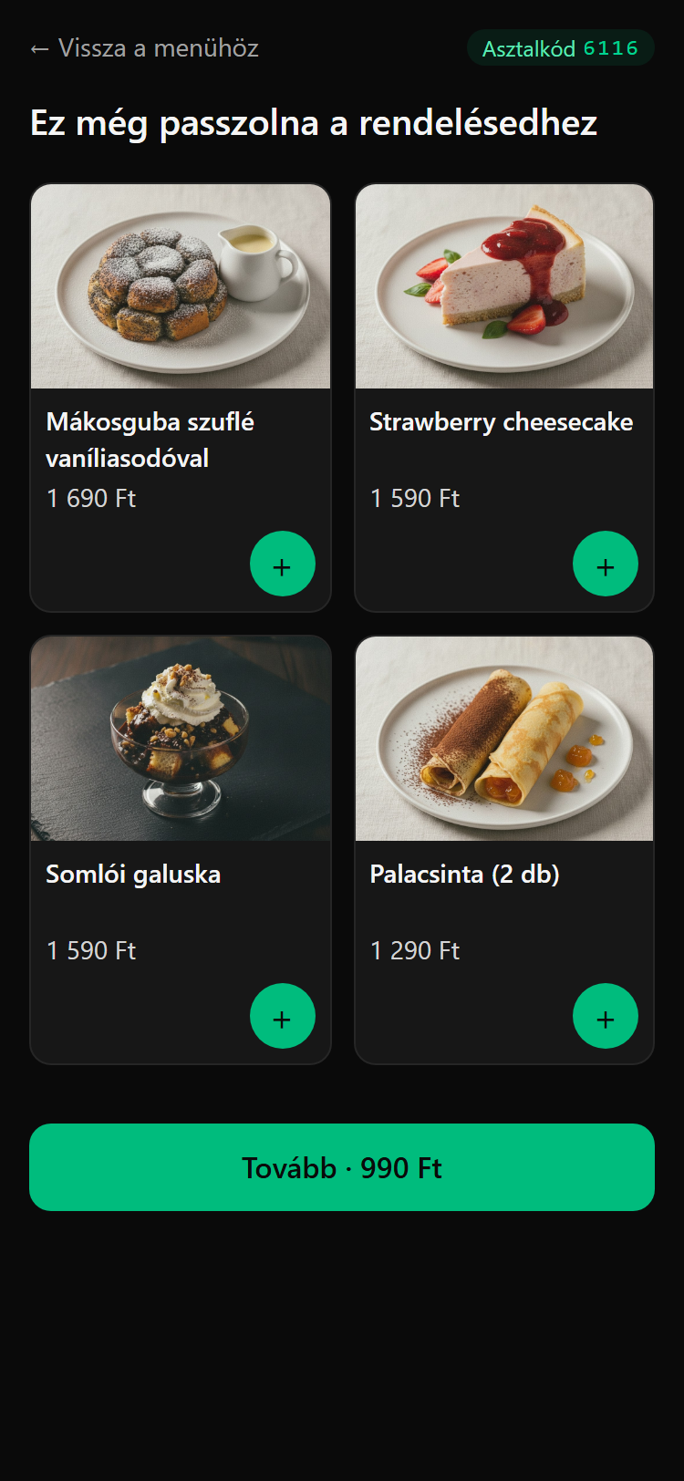 Desszertajánló a vendég telefonján a rendelés lezárása előtt, négy fotós desszerttel.